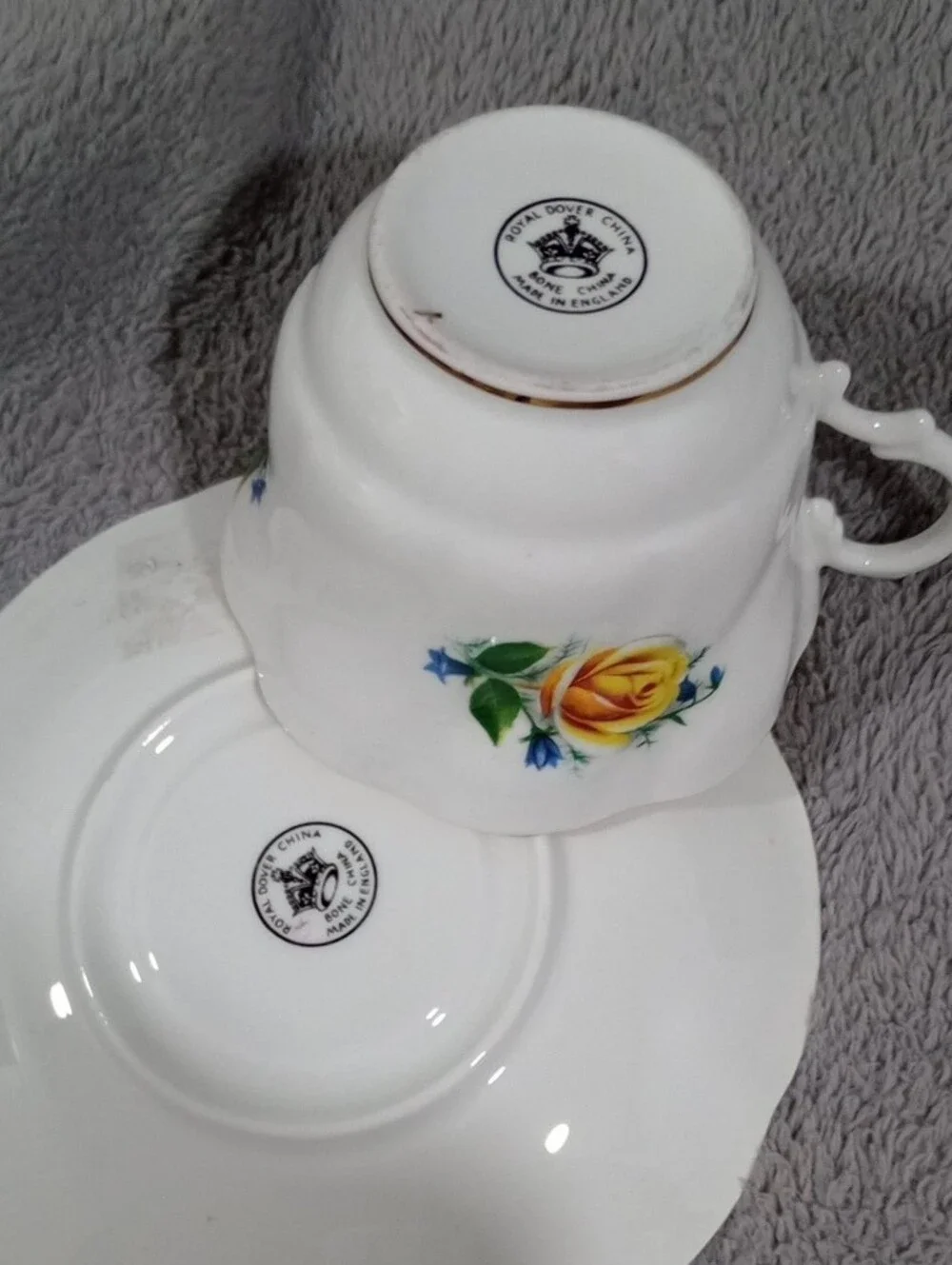 Antique Made In England Teacup Duo with Yellow Rose Floral Design and Gold Trim